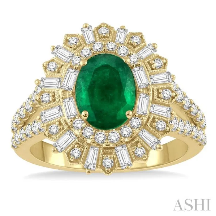 1 Ctw Lattice Oval Shape 8x6MM Emerald, Baguette and Round Cut Diamond Precious Ring in 14K Yellow Gold