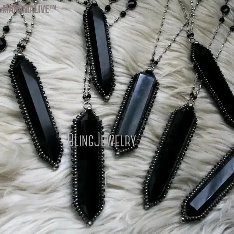 10pcs Large Black Obsidian Crystal Point Necklace Witch Pendulum Halloween Goth Stainless Steel Women Steampunk Emo Y2K Jewelry