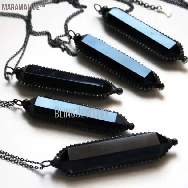 10pcs Large Black Obsidian Crystal Point Necklace Witch Pendulum Halloween Goth Stainless Steel Women Steampunk Emo Y2K Jewelry