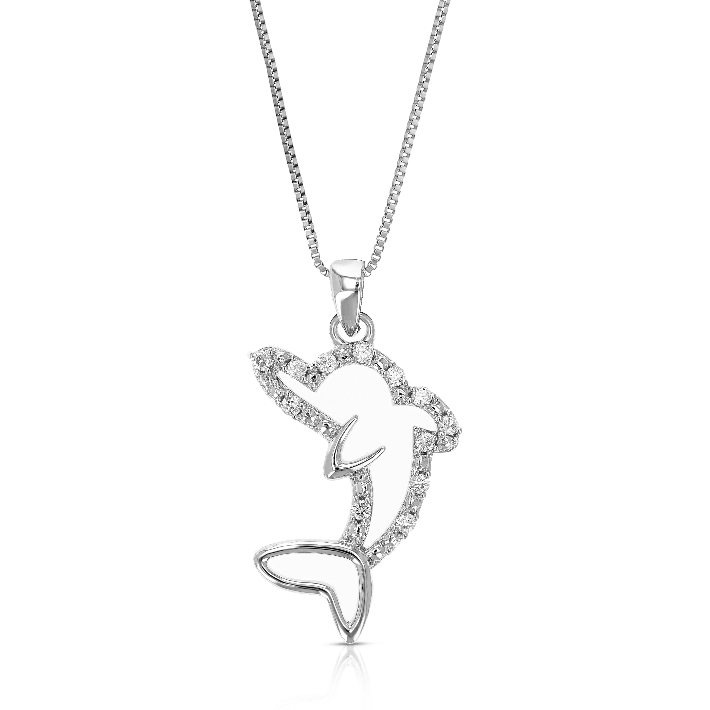 1/10 cttw Lab Grown Diamond Dolphine Pendant Necklace .925 Sterling Silver 1/2 Inch with 18 Inch Chain, Size 1 Inch