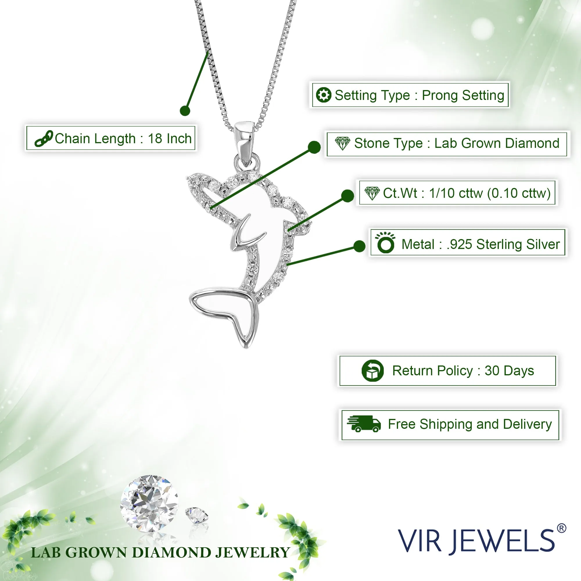 1/10 cttw Lab Grown Diamond Dolphine Pendant Necklace .925 Sterling Silver 1/2 Inch with 18 Inch Chain, Size 1 Inch