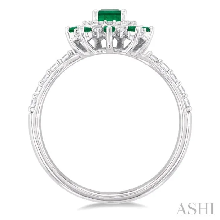 1/3 ctw Floral 6X4 MM Emerald & 1.5 MM Round Cut Ruby and Round Cut Diamond Precious Ring in 14K White Gold