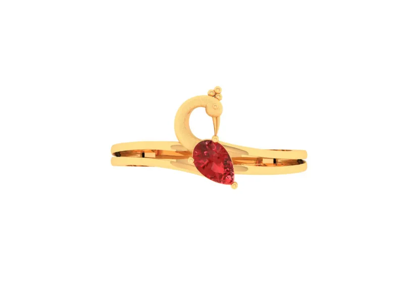 14k Peacock Shaped Gold Ring With A Red Stone