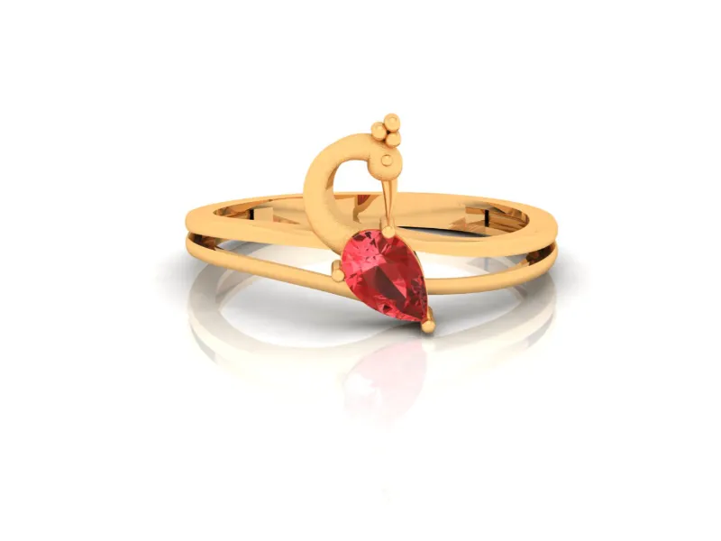 14k Peacock Shaped Gold Ring With A Red Stone