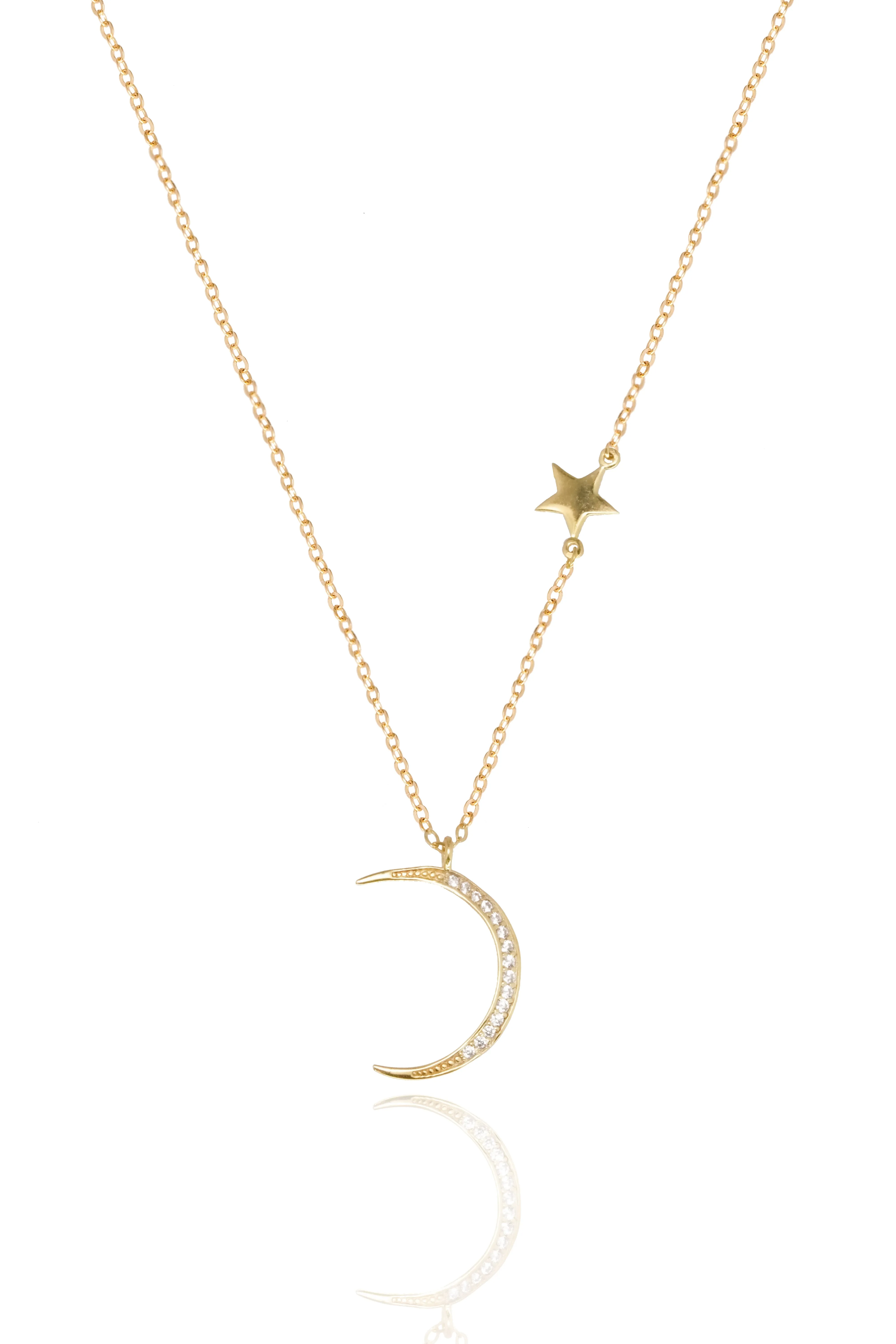 14K Solid Gold Crescent Moon And Star Round Cut Chain Necklace