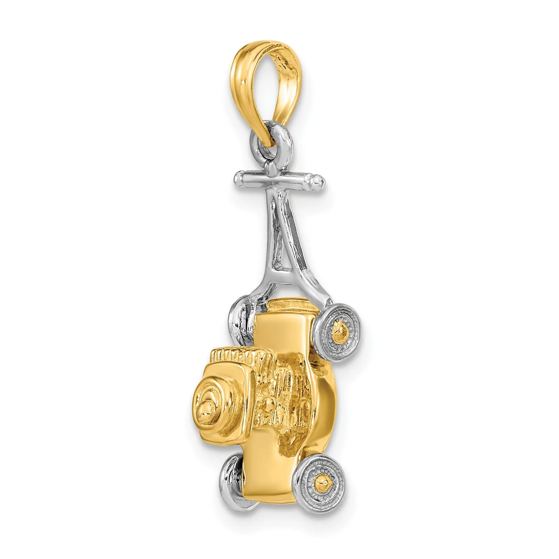 14k Two Tone Gold Polished Finish 3-Dimensional Moveable Lawn Mower Charm Pendant