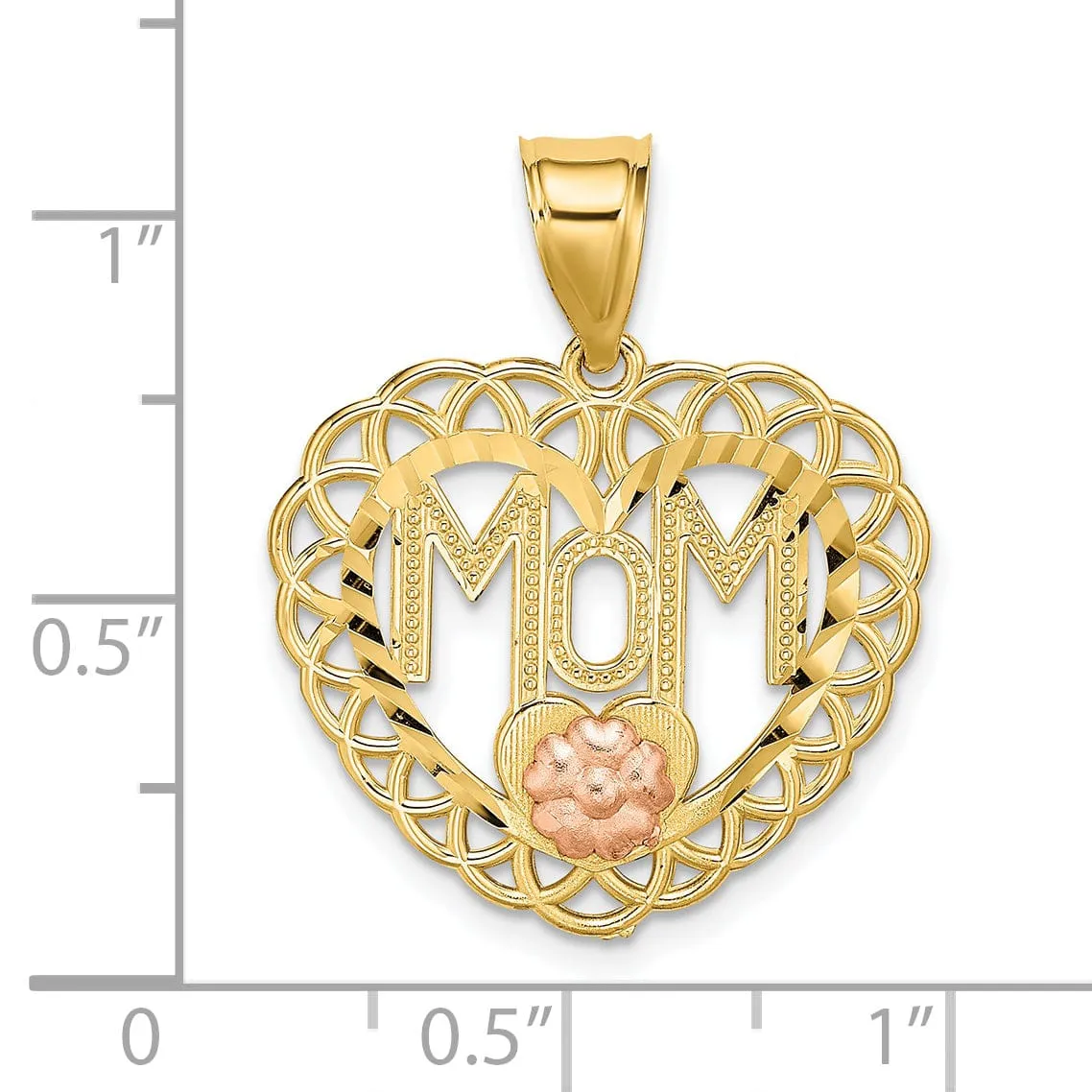 14k Two Tone Gold Solid Polished Textured Finish MOM in Heart Lace Trim Design Frame Charm Pendant