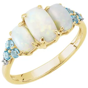 14k Yellow Gold Genuine Opal, Swiss Blue Topaz & Diamond Ring