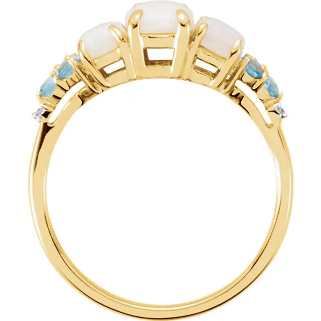 14k Yellow Gold Genuine Opal, Swiss Blue Topaz & Diamond Ring