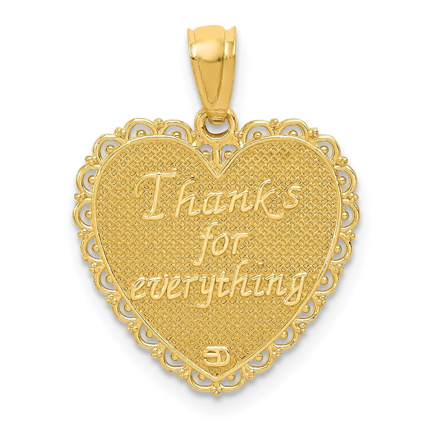 14K Yellow Gold Solid Polished Mesh Finish Reversible Heart Design FOR MY MOM/ Thanks For Everything Pendant