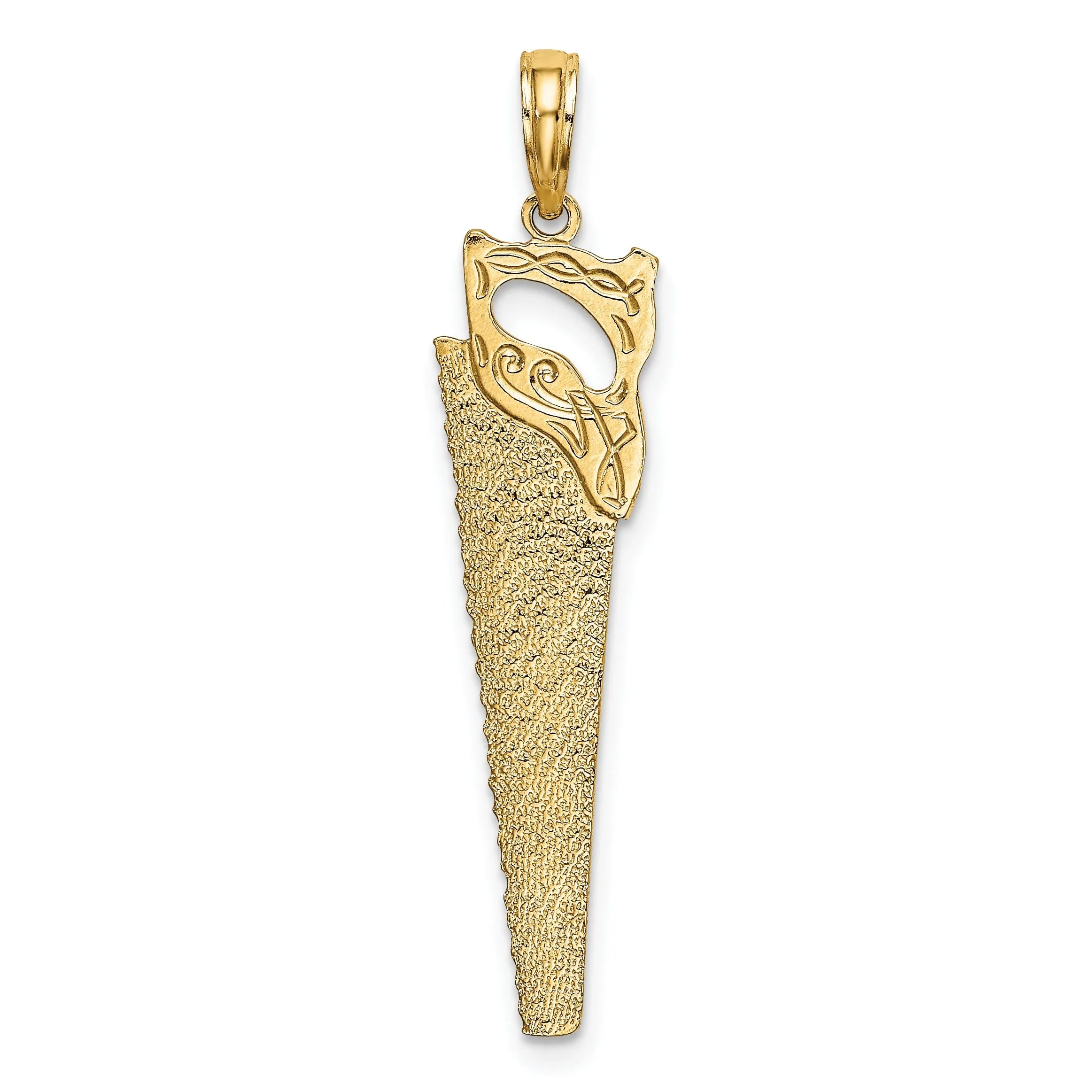 14K Yellow Gold Textured Polished Finish 3-Dimensional Hand Wood Saw Charm Pendant