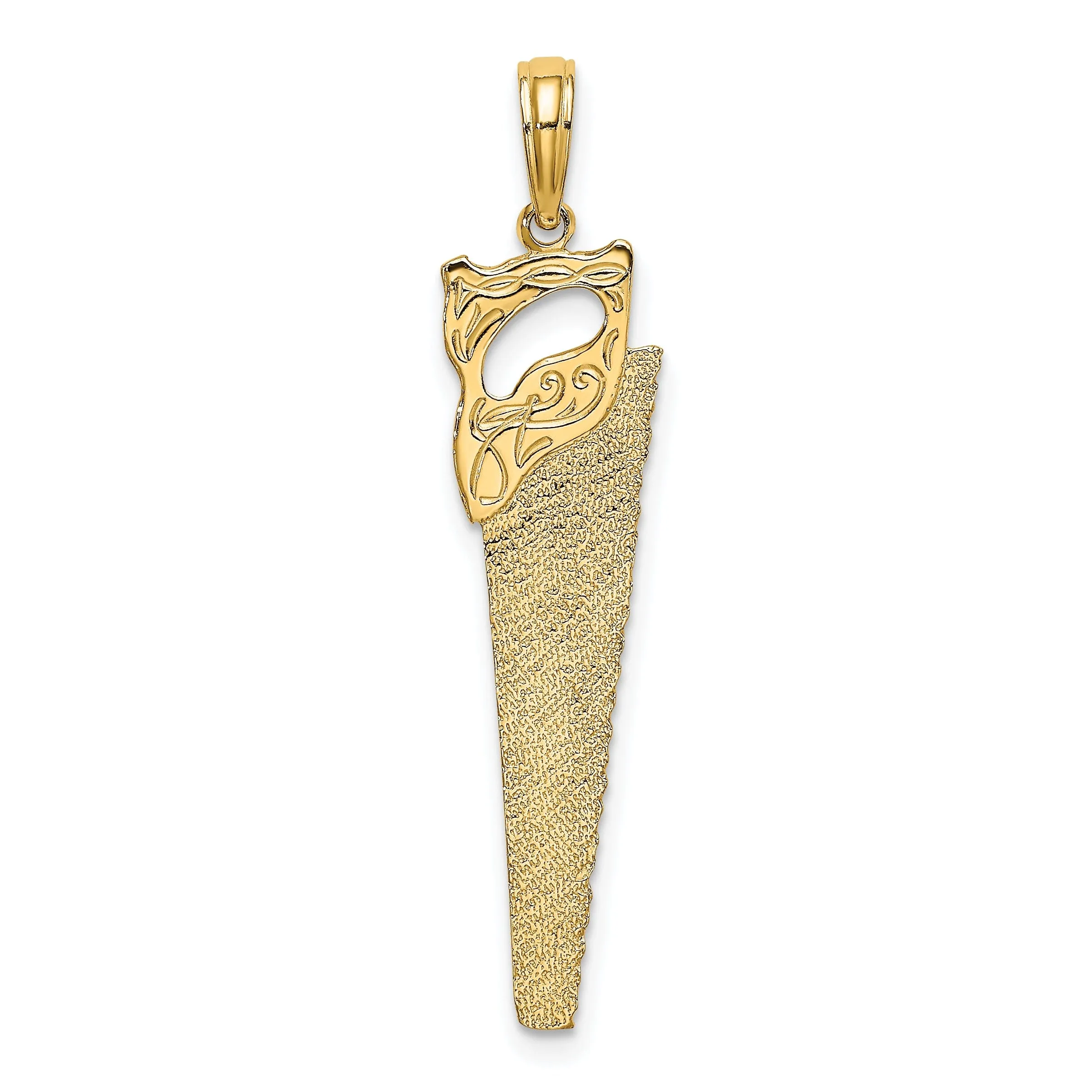 14K Yellow Gold Textured Polished Finish 3-Dimensional Hand Wood Saw Charm Pendant