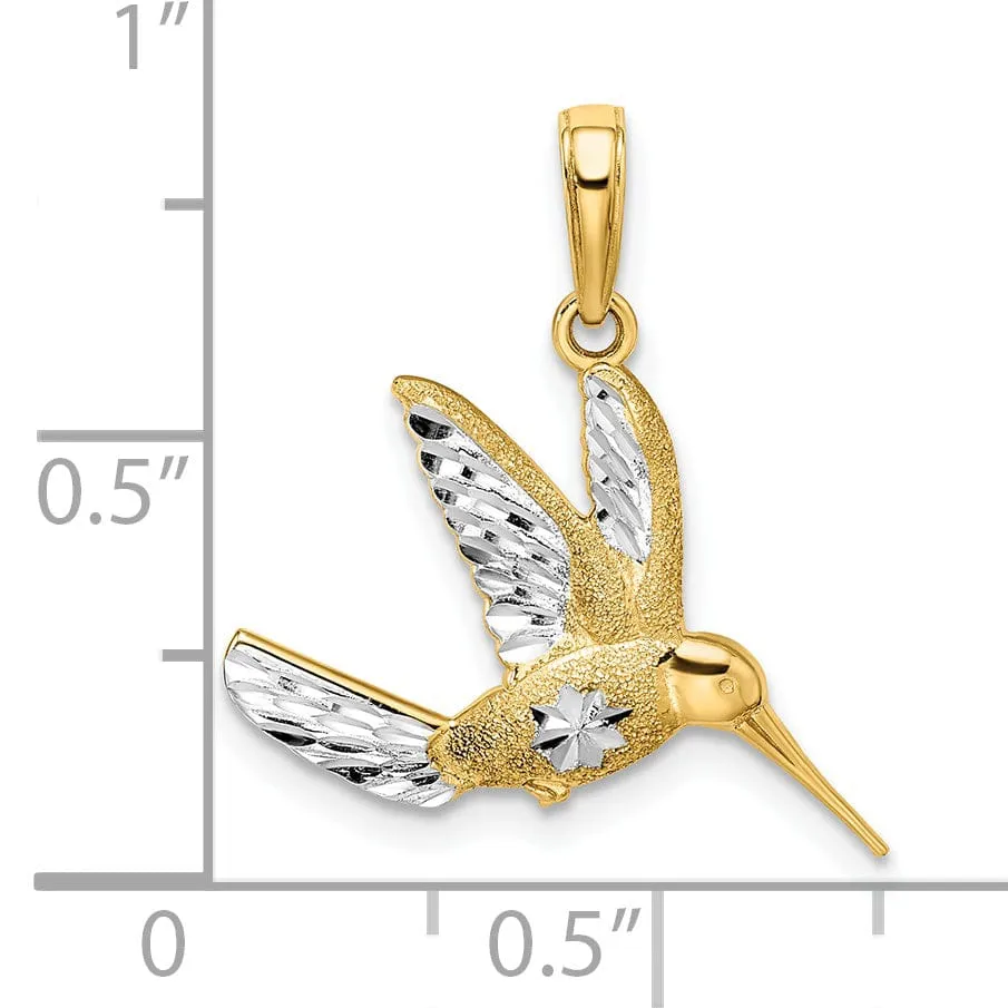 14k Yellow Gold White Rhodium Solid Polished Diamond Cut Textured Finish Hummingbird in Flight Charm Pendant