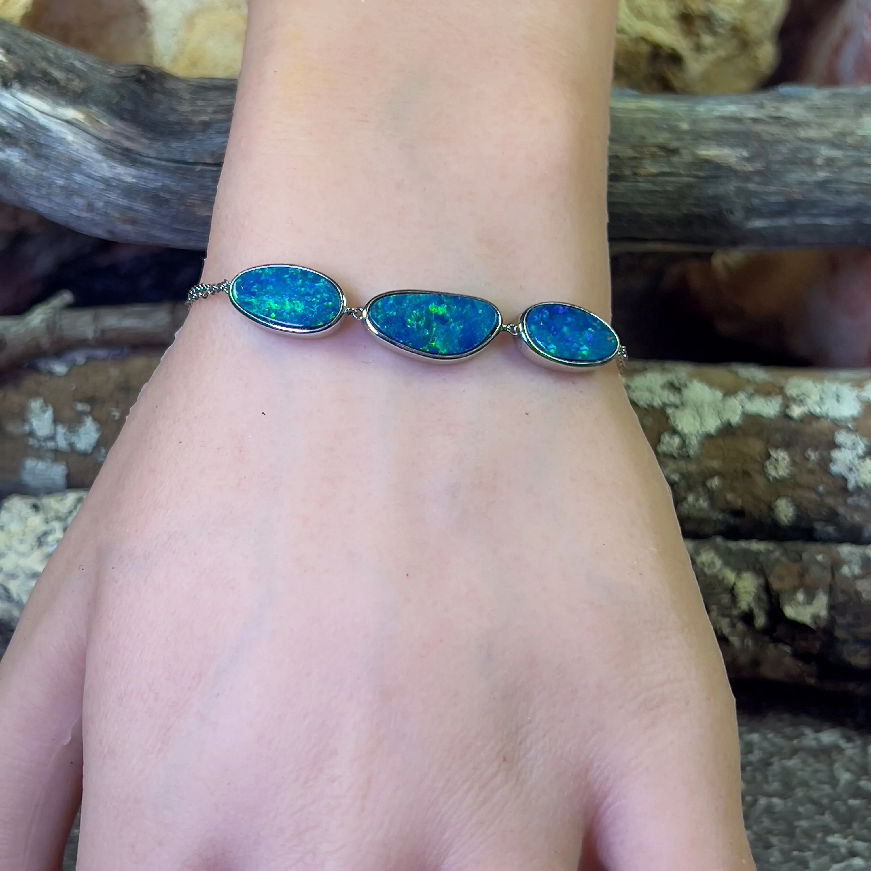 14kt White gold 3 freeform Blue Green Opal doublet bracelet