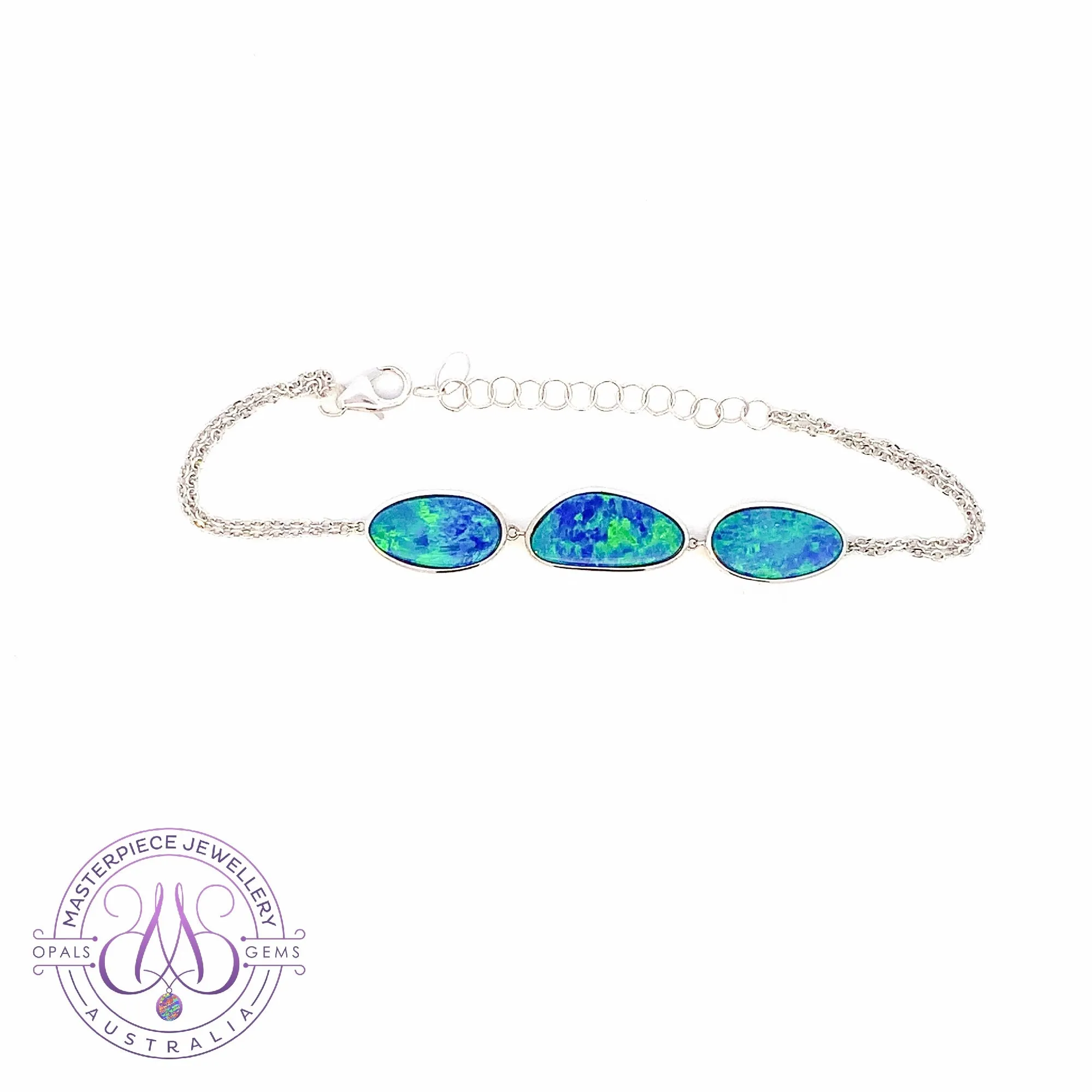 14kt White gold 3 freeform Blue Green Opal doublet bracelet