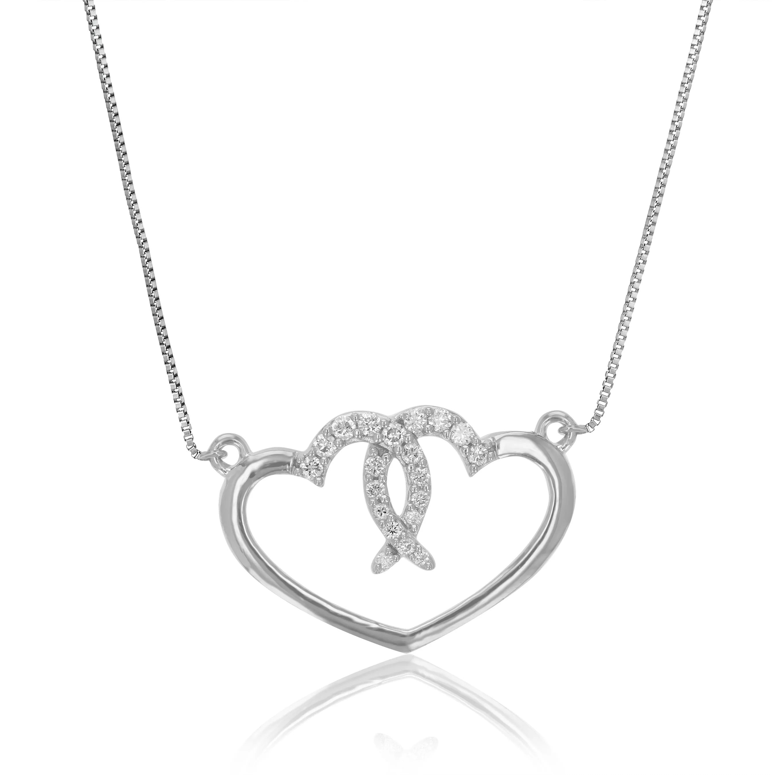 1/6 cttw Lab Grown Diamond Double Heart Pendant Necklaces Silver