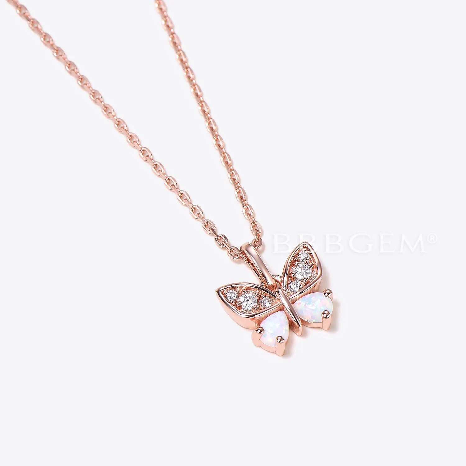 18K Rose Gold Dainty Butterfly Pendant Pear Opal Pendant Necklace