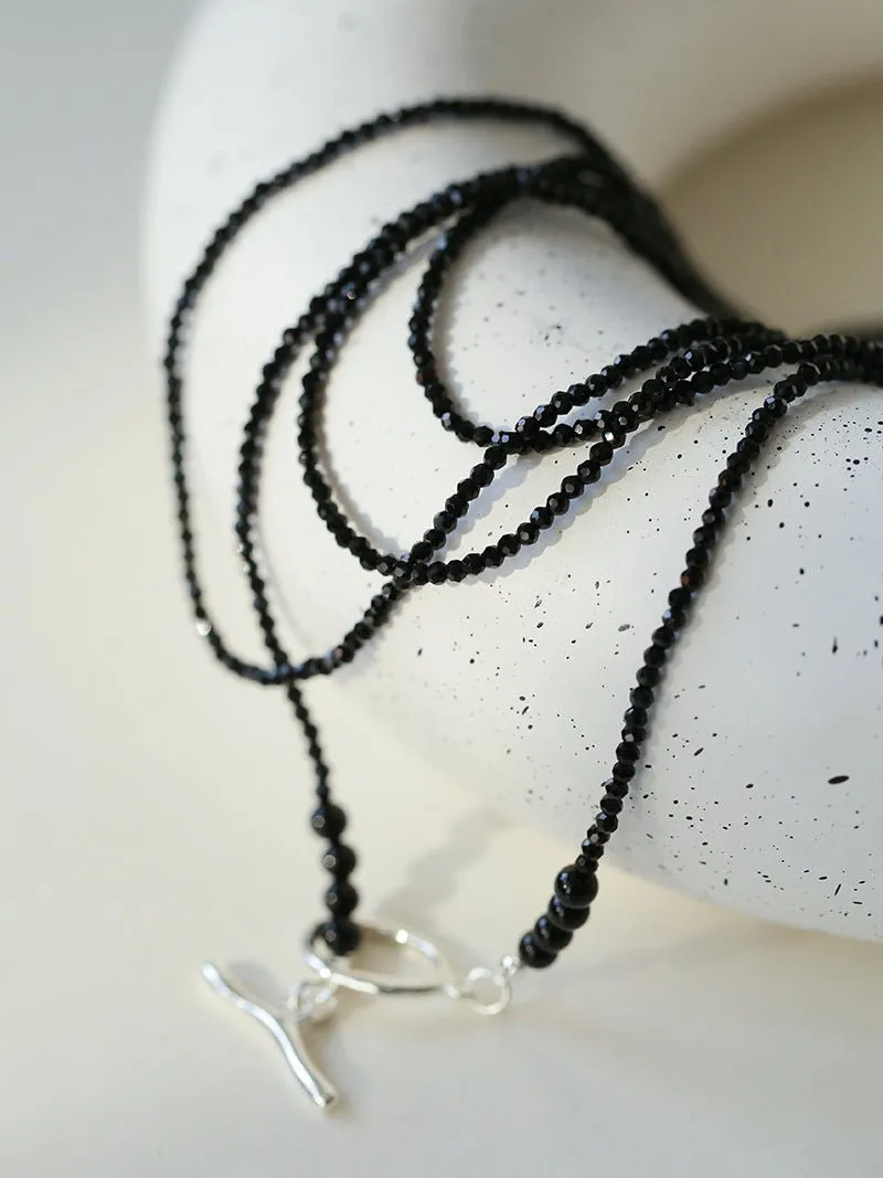 2mm Black Spinel Long Sparkling Beaded Necklace