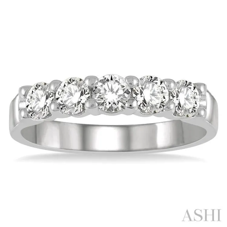 3/4 ctw 5 Stone Round Cut Diamond Wedding Band in 14K White Gold