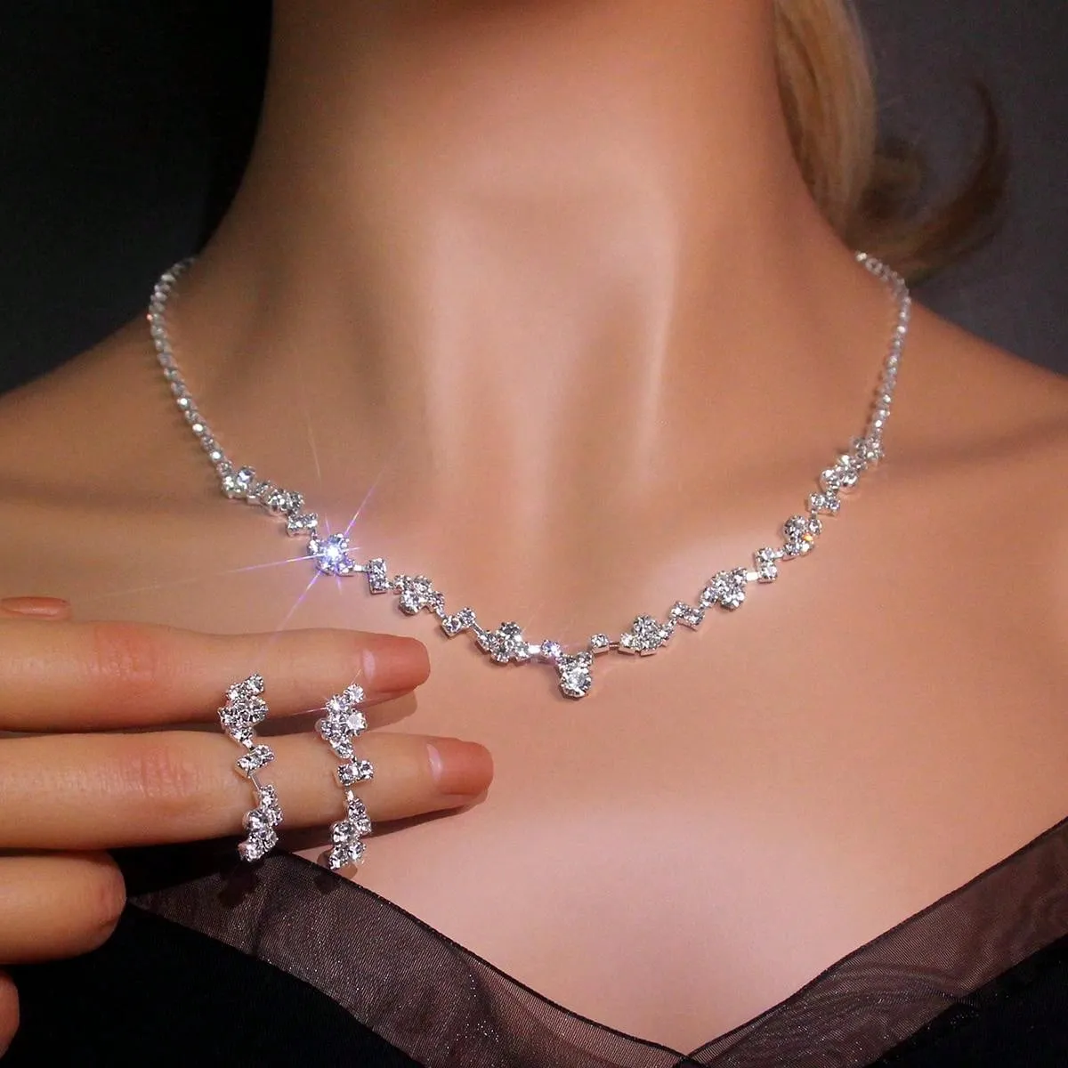 3pcs/set Bridal Jewelry Set Elegant Sparkling Rhineston Necklace, Earrings