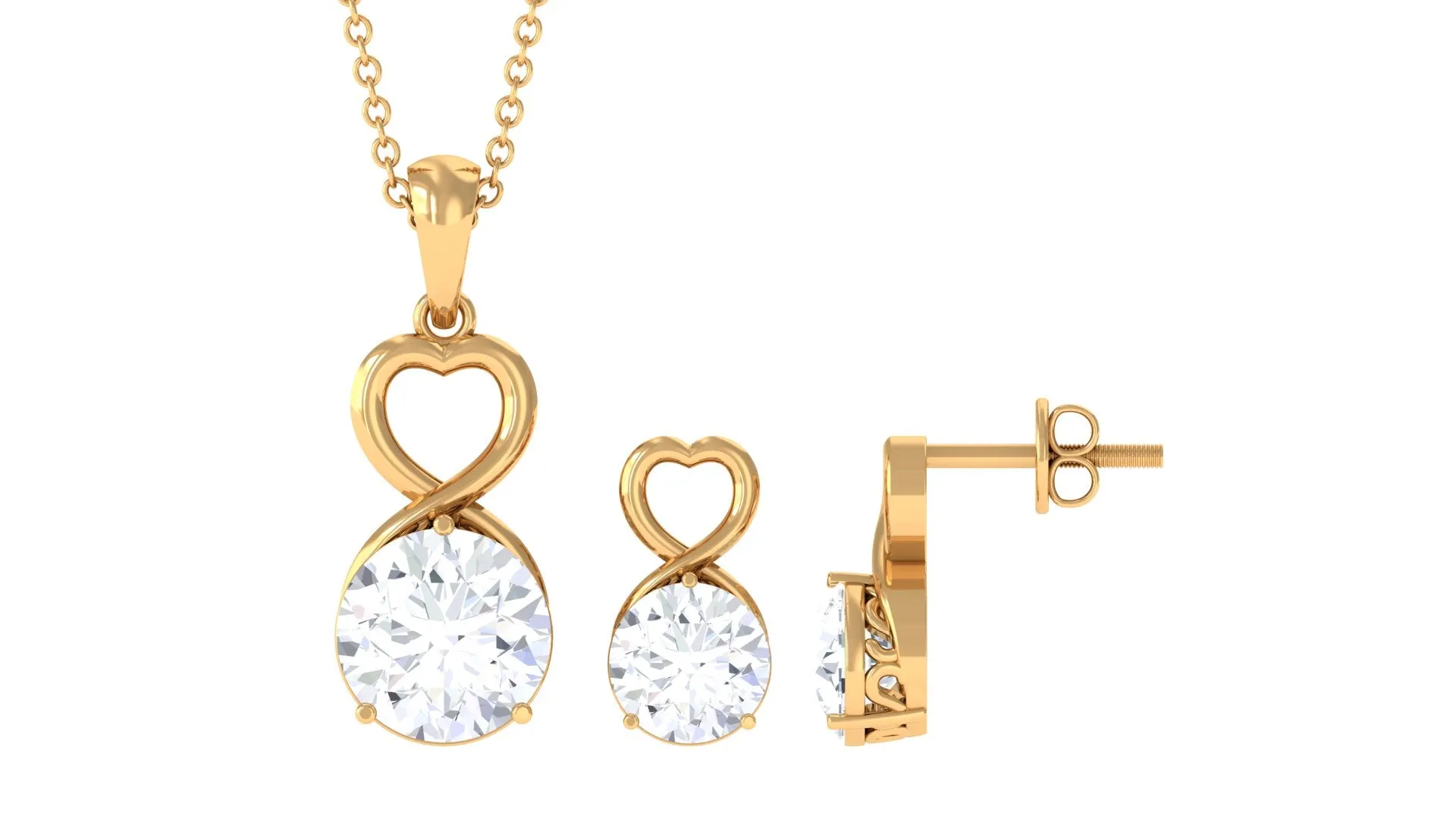 4 CT Certified Cubic Zirconia Gold Heart Solitaire Pendant Earrings Set