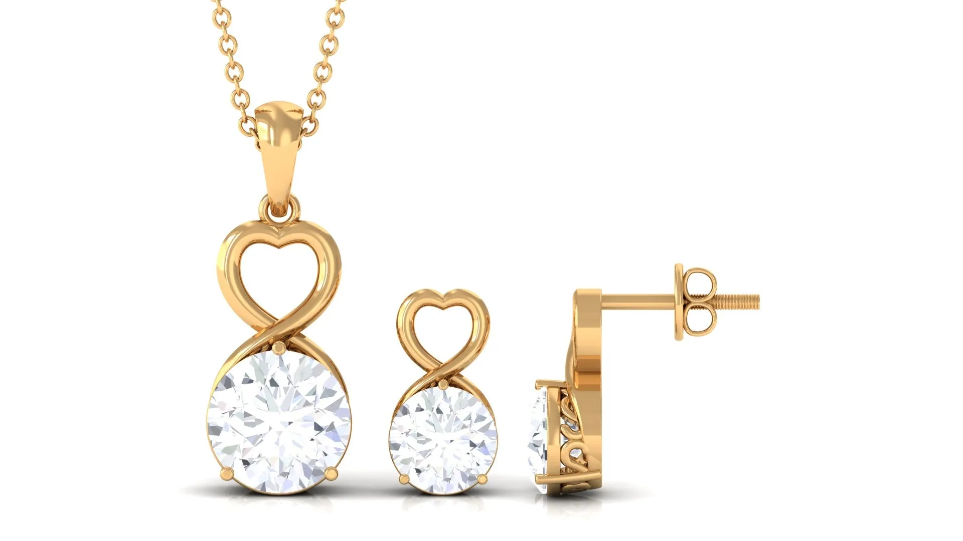 4 CT Certified Cubic Zirconia Gold Heart Solitaire Pendant Earrings Set