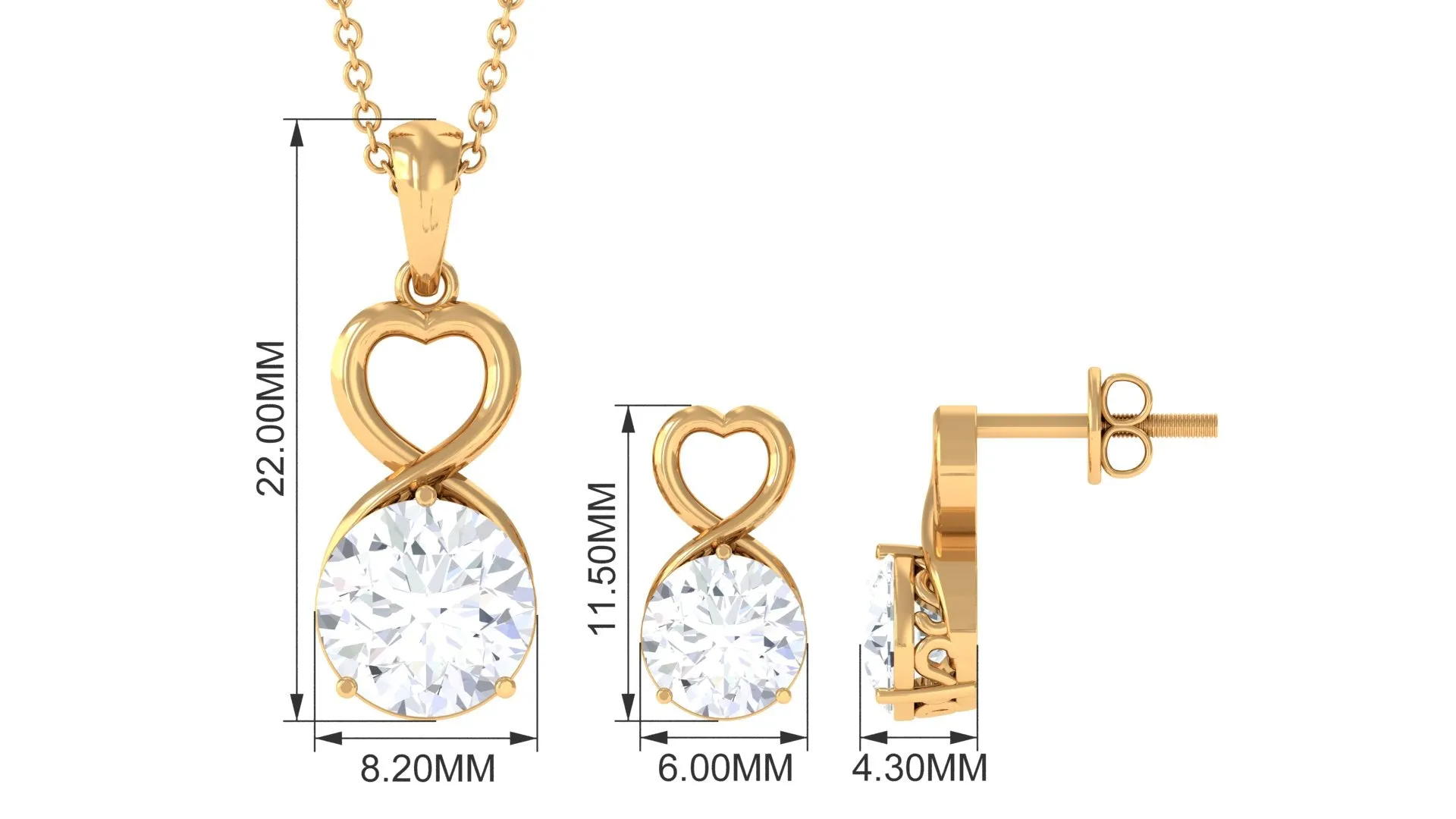 4 CT Certified Cubic Zirconia Gold Heart Solitaire Pendant Earrings Set