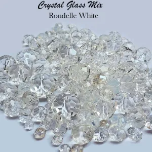 50 Grams Pkg. White color shade, Rondelle Faceted Crystal Mix size glass beads Size mostly encluded as 6mm, 8mm, 10mm, to some extent 4mm and 12mm mixed