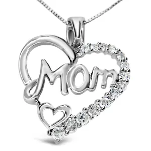 .925 SS 1/4 Cttw Round Diamond "Mom" Heart Pendant 18"(I-J,I3)