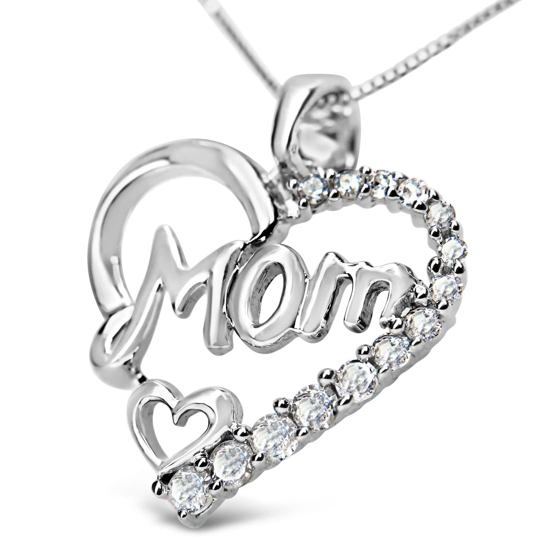 .925 SS 1/4 Cttw Round Diamond "Mom" Heart Pendant 18"(I-J,I3)