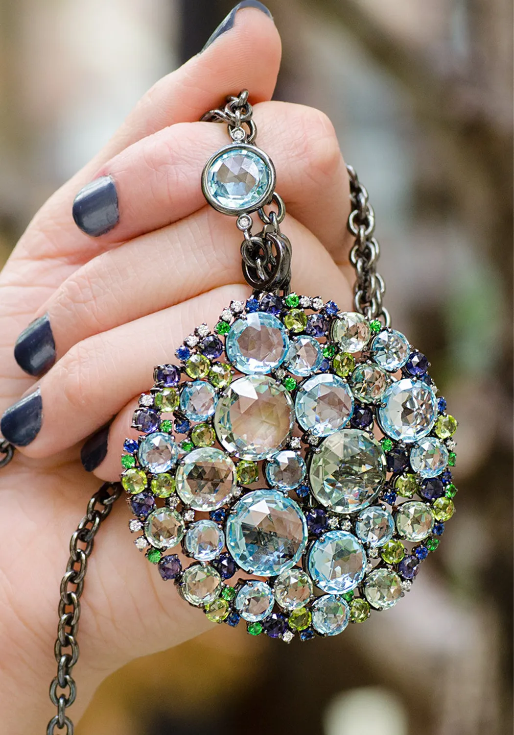 A & Furst Bouquet Blue Topaz & Peridot Cluster Pendant Necklace | 36"