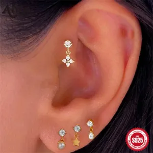 Aide Flower Shaped Inlaid Piercing Drop Earrings