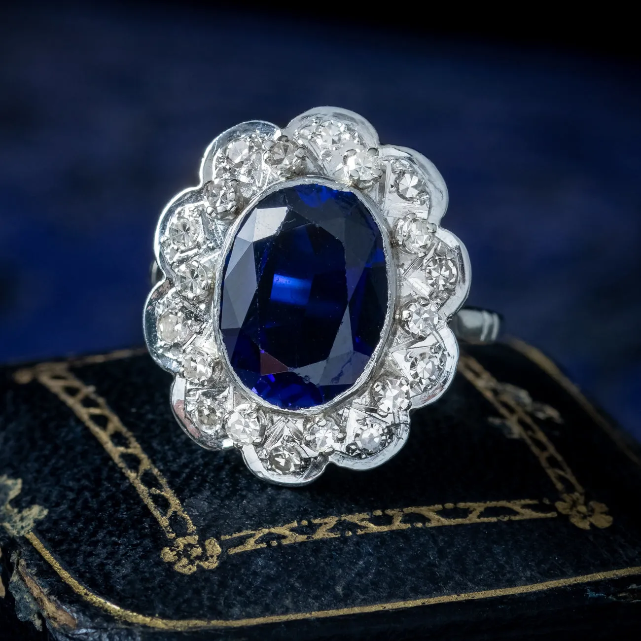 Antique Edwardian Blue Sapphire Diamond Cluster Ring 4.2ct Synthetic Sapphire