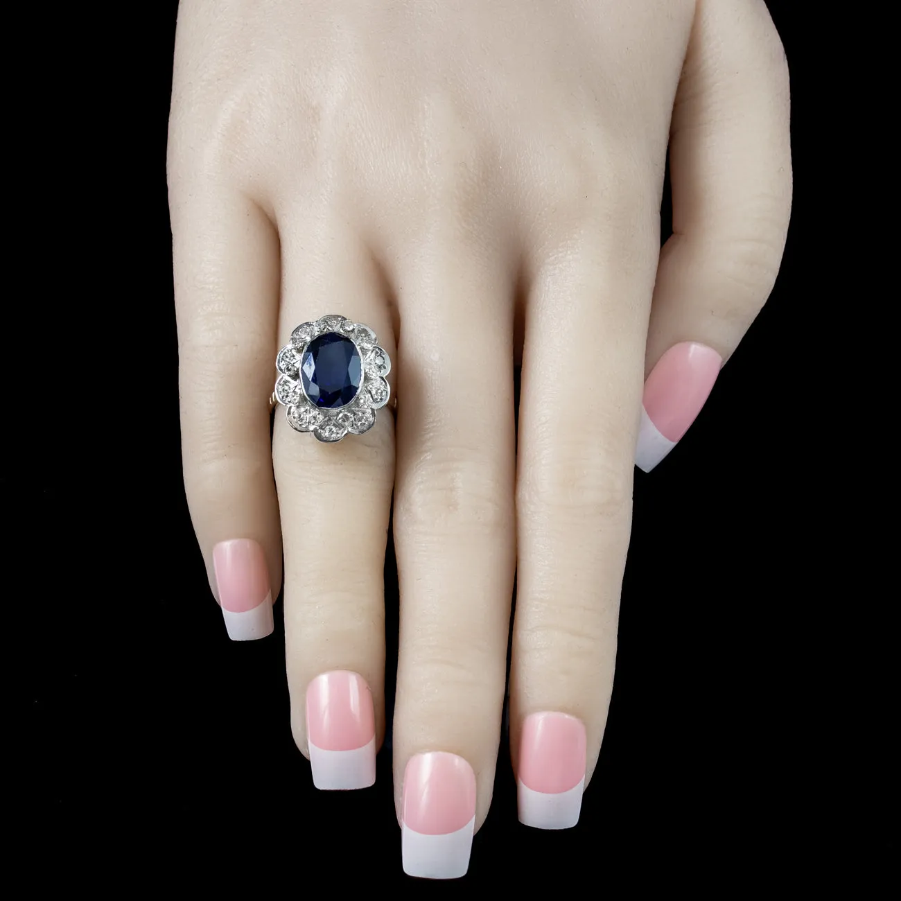 Antique Edwardian Blue Sapphire Diamond Cluster Ring 4.2ct Synthetic Sapphire