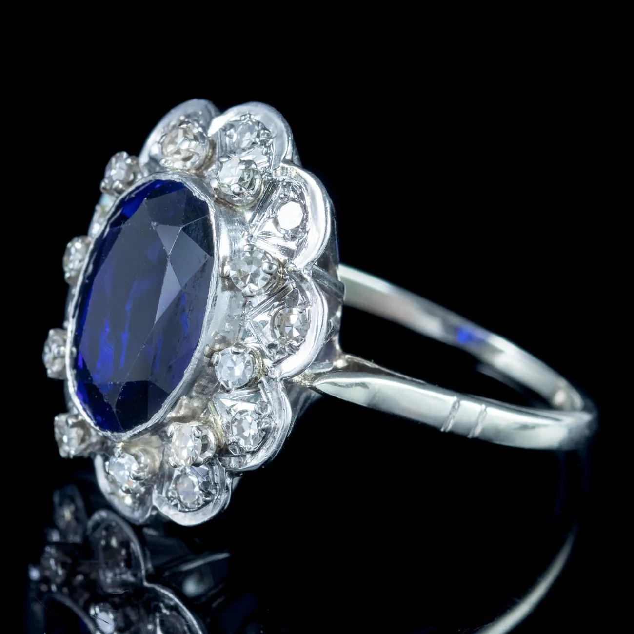 Antique Edwardian Blue Sapphire Diamond Cluster Ring 4.2ct Synthetic Sapphire