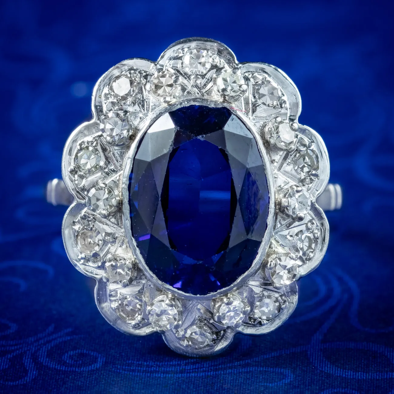 Antique Edwardian Blue Sapphire Diamond Cluster Ring 4.2ct Synthetic Sapphire