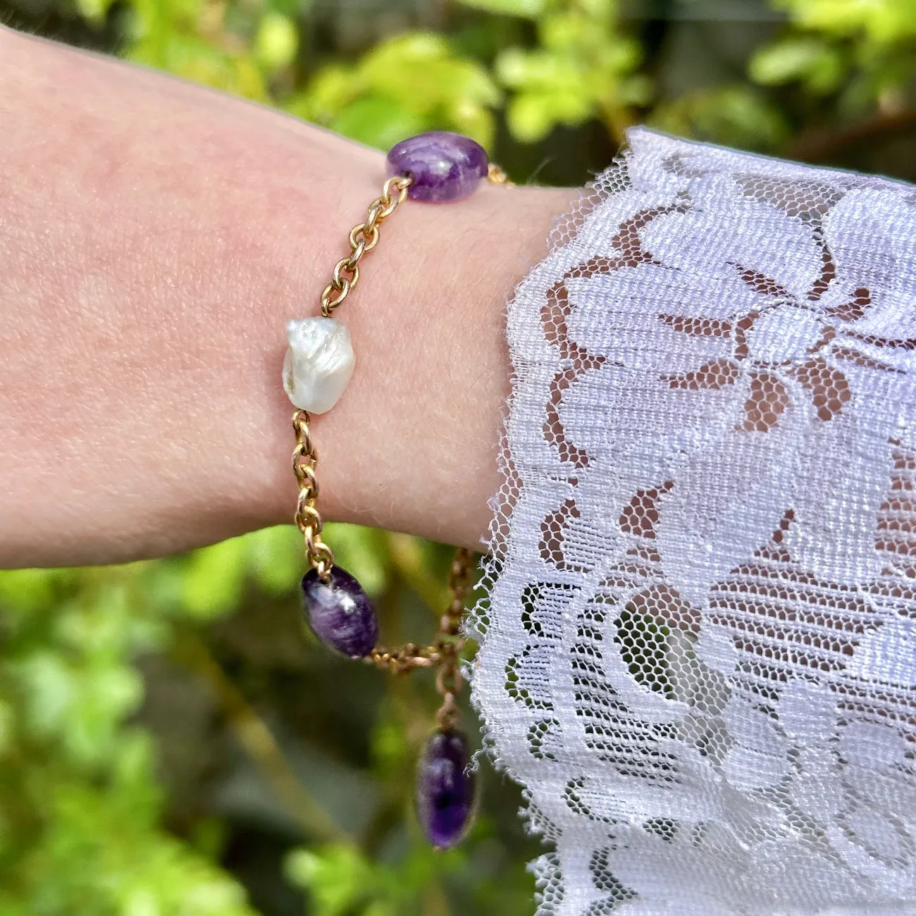 Antique Victorian Amethyst Baroque Pearl Bracelet 9ct Gold