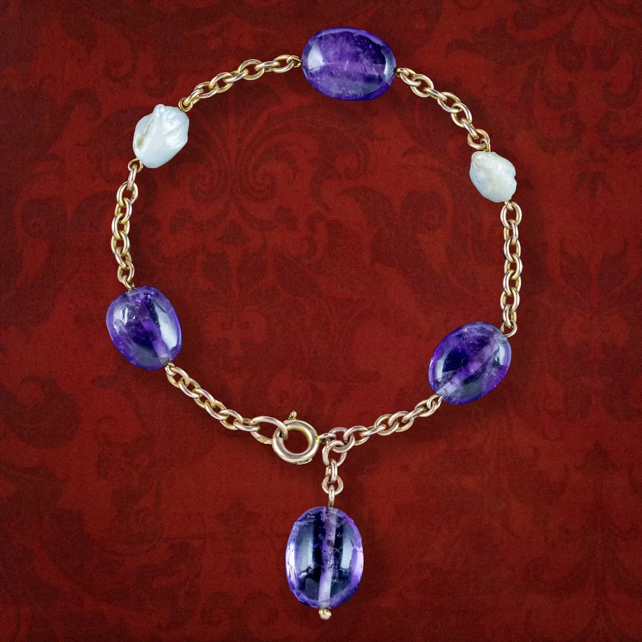 Antique Victorian Amethyst Baroque Pearl Bracelet 9ct Gold