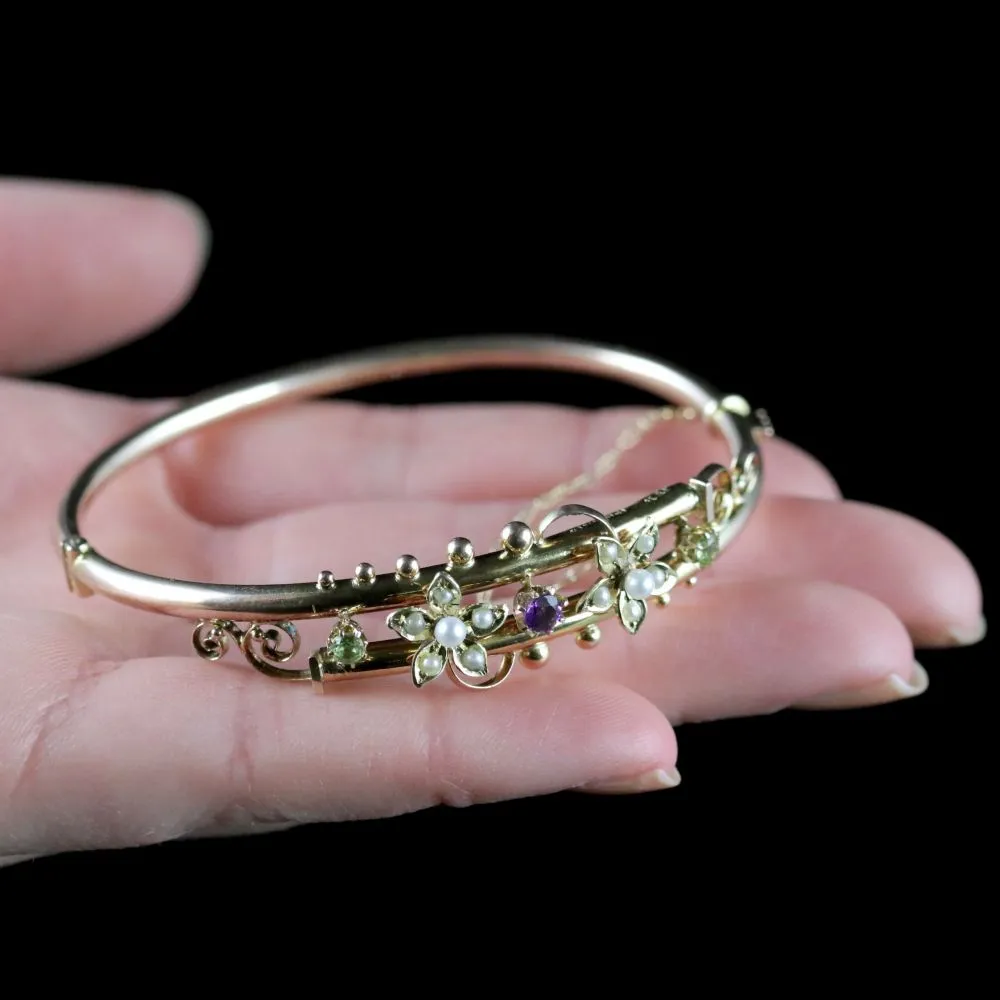 Antique Victorian Suffragette Bangle 9Ct Gold Floral Bangle Circa 1900