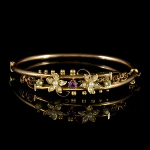 Antique Victorian Suffragette Bangle 9Ct Gold Floral Bangle Circa 1900