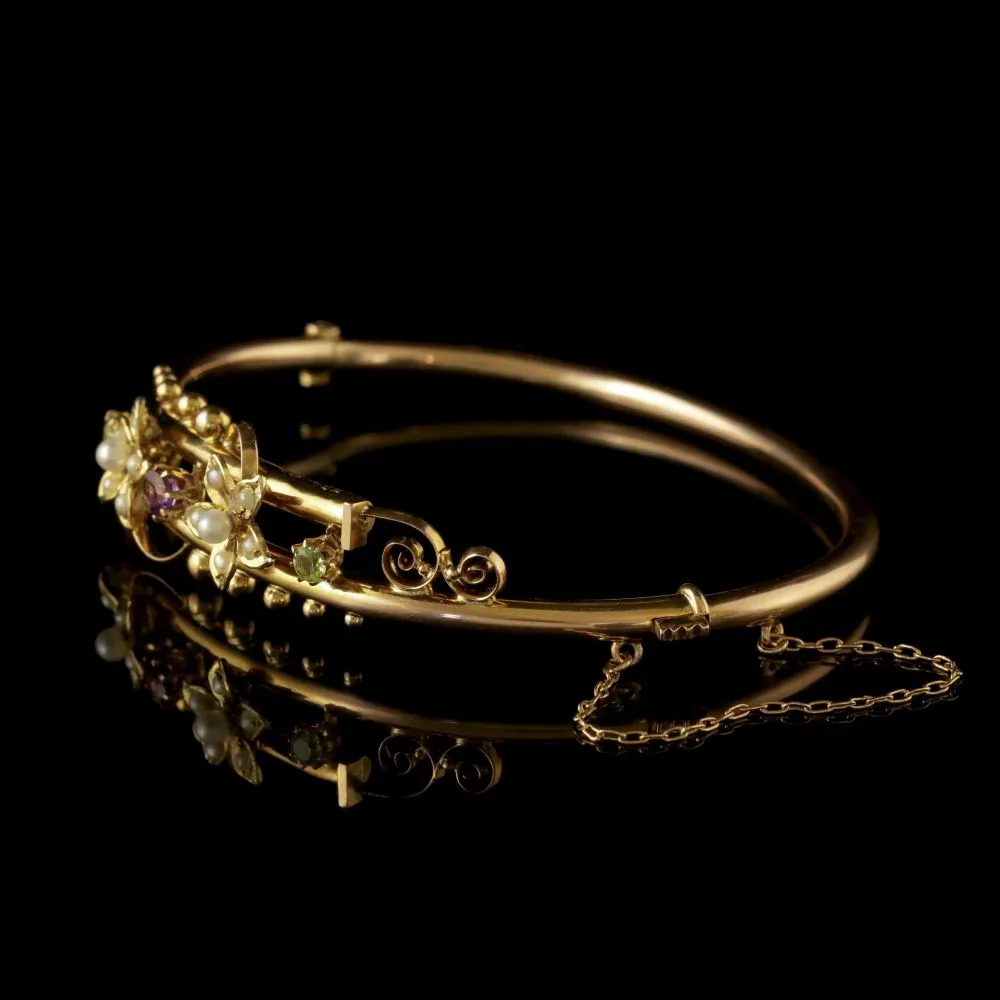 Antique Victorian Suffragette Bangle 9Ct Gold Floral Bangle Circa 1900