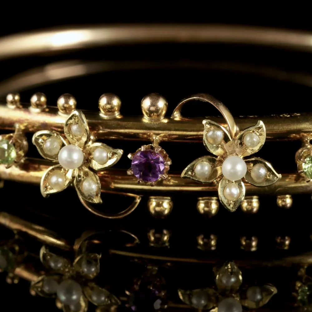 Antique Victorian Suffragette Bangle 9Ct Gold Floral Bangle Circa 1900