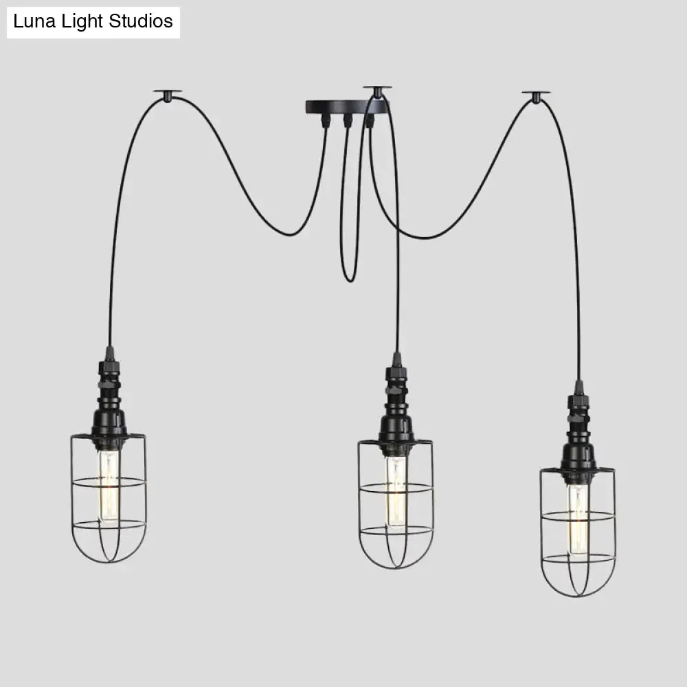 Antiqued Caged Iron Swag Pendant Lighting - 2/3/6 Bulbs, Mini Multiple Hanging Lamp in Black