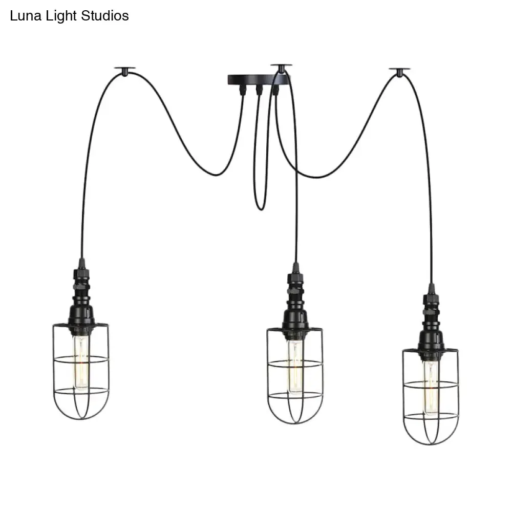 Antiqued Caged Iron Swag Pendant Lighting - 2/3/6 Bulbs, Mini Multiple Hanging Lamp in Black