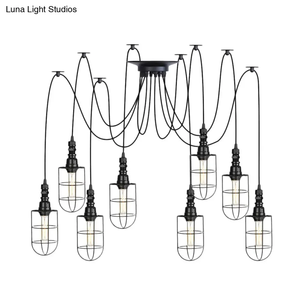 Antiqued Caged Iron Swag Pendant Lighting - 2/3/6 Bulbs, Mini Multiple Hanging Lamp in Black