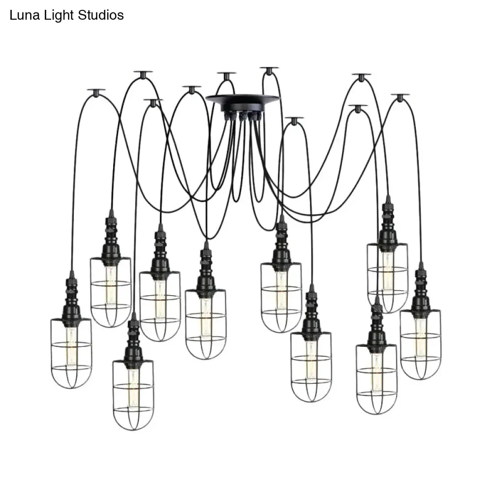 Antiqued Caged Iron Swag Pendant Lighting - 2/3/6 Bulbs, Mini Multiple Hanging Lamp in Black