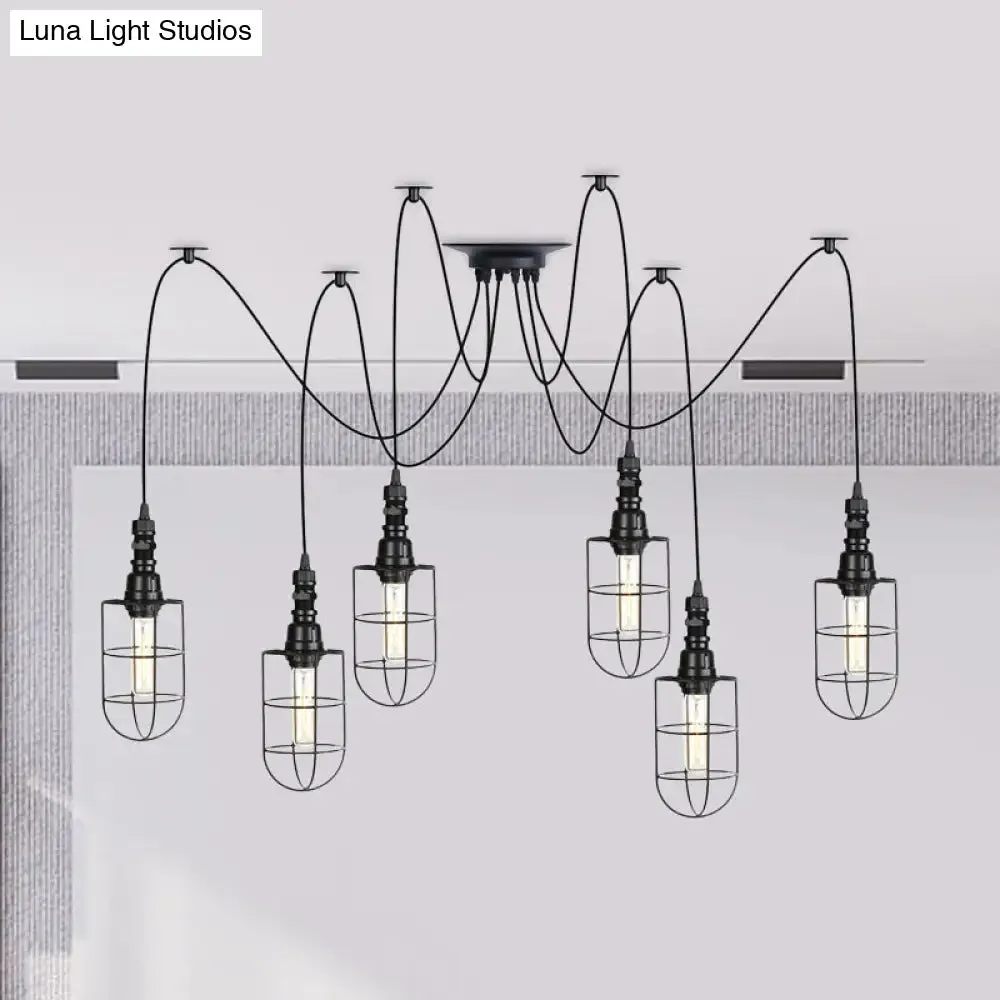 Antiqued Caged Iron Swag Pendant Lighting - 2/3/6 Bulbs, Mini Multiple Hanging Lamp in Black