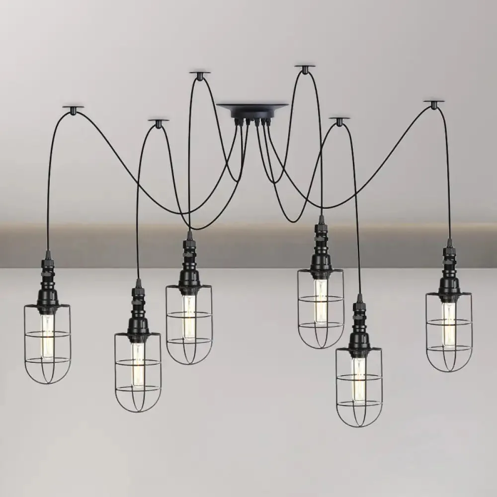 Antiqued Caged Iron Swag Pendant Lighting - 2/3/6 Bulbs, Mini Multiple Hanging Lamp in Black