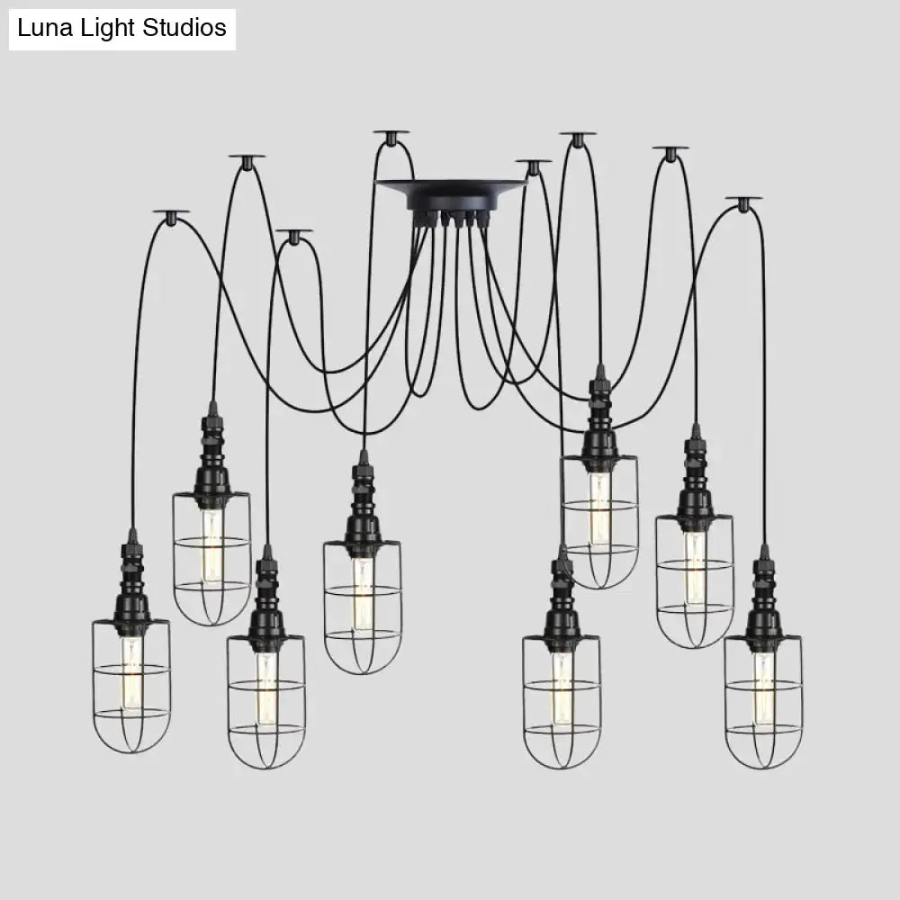 Antiqued Caged Iron Swag Pendant Lighting - 2/3/6 Bulbs, Mini Multiple Hanging Lamp in Black