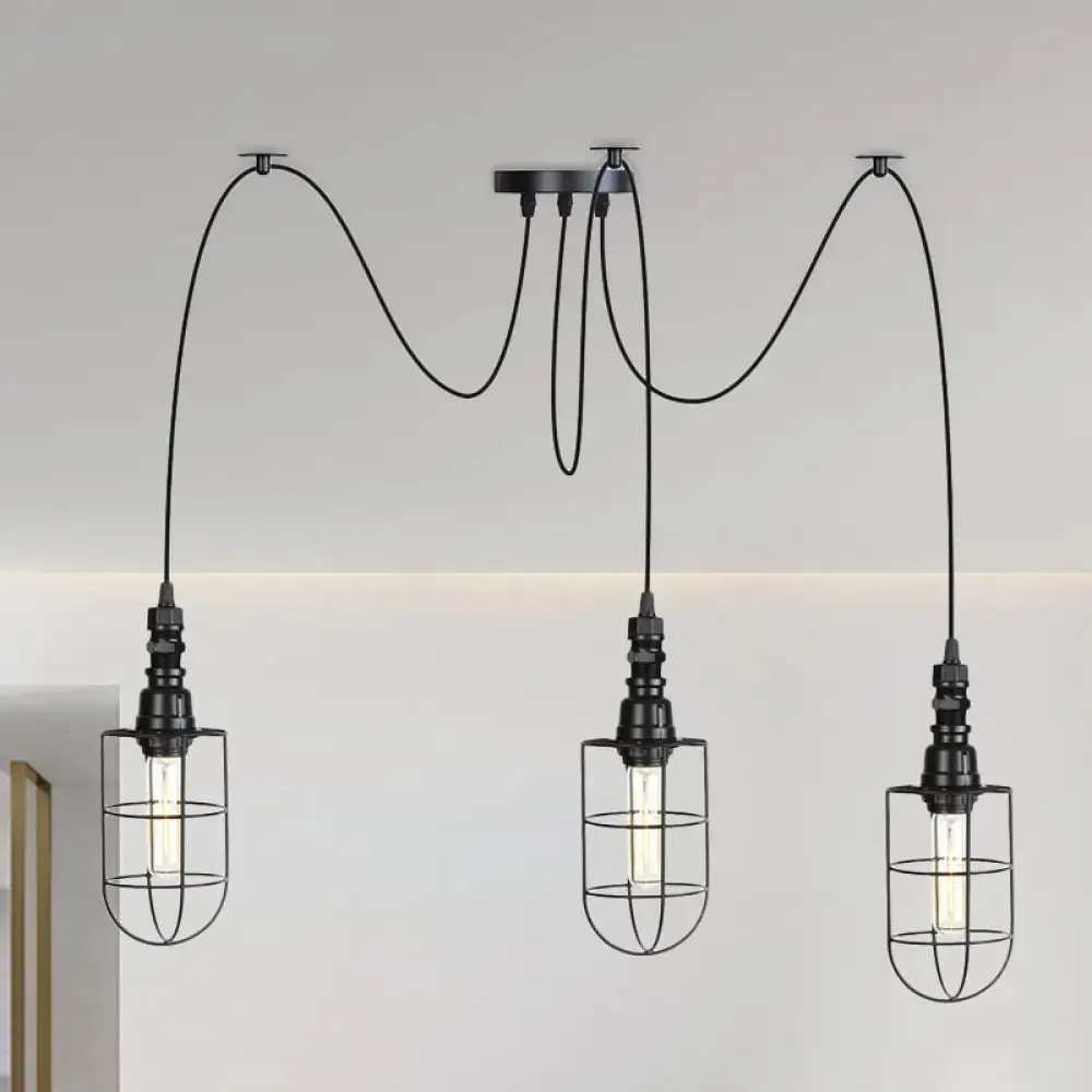 Antiqued Caged Iron Swag Pendant Lighting - 2/3/6 Bulbs, Mini Multiple Hanging Lamp in Black